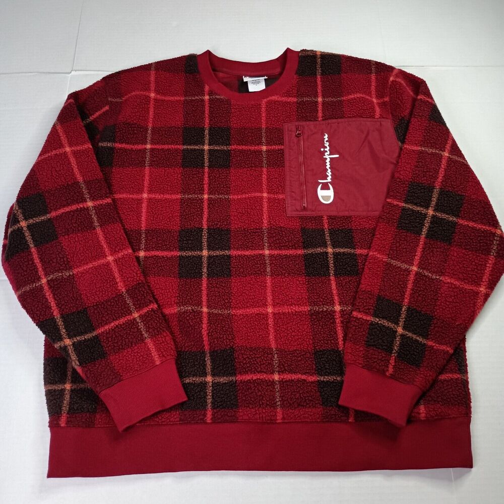 Champion Sweatshirt Men's XL XLarge Red Black Plaid Pullover Pockets Casual